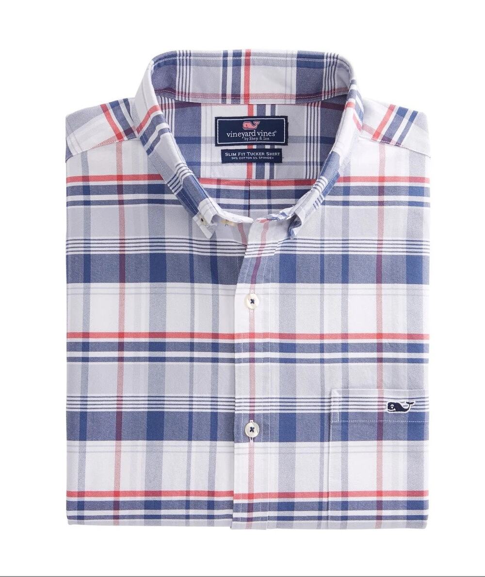 VINEYARD MEN’S  BIRAS CREEK PLAID- FLAG BLUE SLIM FIT TUCKER BUTTON DOWN, SIZE M